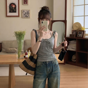 CHOEFULYN | Tempting Style Bow Wooden Ear Decorated Cami Top Fake Two-Piece