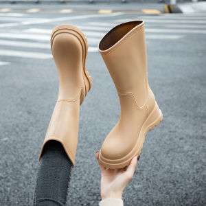 Womens Autumn Winter Fleece Lined Rain Boots Waterproof Kitchen Mid-Calf Anti-Slip Thick Bottom Rubber Shoes Fashionable Outerwear