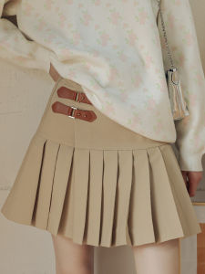 High Waist A-Line Mini Skirt with Double Buckle Decoration Suit Style Polyester Cotton Blend Vintage Commute Skirt