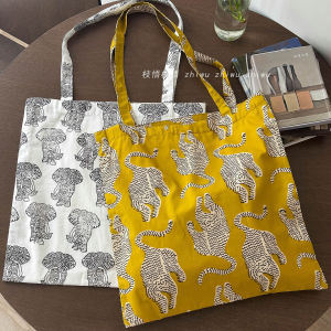 กระเป๋าสะพายไหล่พิมพ์ลายสัตว์ กระเป๋าถือผ้าฝ้ายสไตล์วินเทจสไตล์ฝรั่งเศส กระเป๋าถือสำหรับวันหยุด กระเป๋าสะพายไหล่แบบลำลอง