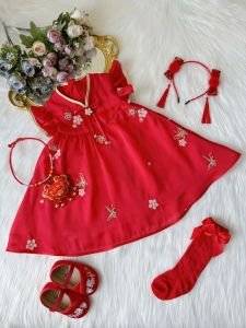 One Birthday Party Baby Girl Dress Summer Thin Chinese Style Dress Baby Girl Baby Girl Zhuazhou Clothes Red Princess Dress