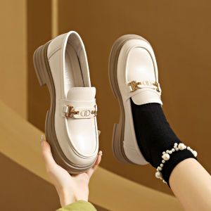 White British Style Womens Loafers Thick Bottom Chunky Heel Slip-On Casual Shoes round Toe Anti-Slip Leisure Fashion Footwear