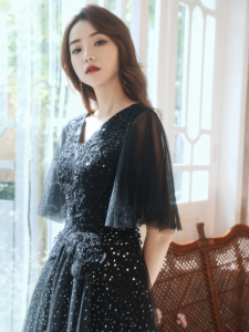 plus Size Evening Gown Women Frock Elegant Slimming Ball Performance Outfit Sweet Style Long Skirt Bubble Sleeve Deep V Neck