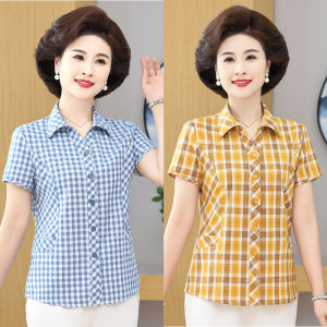 Casual Cotton Shirt Short Sleeve Turn-down Collar Small Plaid Breathable Loose Fit Summer Fashion for Middle-aged And Elderly Women