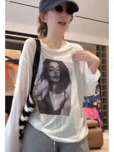YUEZHONGWEI | American Style Long Sleeve Portrait Print T-Shirt Women Summer Thin Outerwear Loose Mid-Length Air Conditioning Top