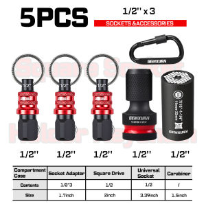 Geinxurn Socket Holder Keychain Set.1/4" 3/8" and 1/2" Drive Quick Release with Adapters Ideal for Electricians Construction