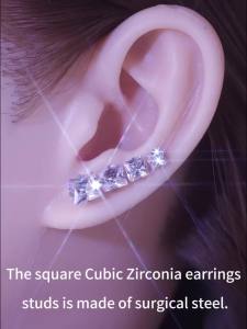 2 Stylish Stainless Steel 4 Claw Square Cubic Zirconia Stud Earrings For Men And Women 4/5/6/7mm Zircon Stud Earrings
