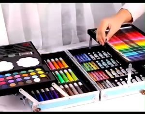 ระบายสี 2 ชั้น 145 ชิ้น สีฟ้า/ชมพู เซ็ทอุปกรณ์ศิลป์ สีพาเลท พรีเมียม กล่องอูปกรณ์ สีสวยทุกสี