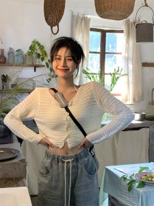 ผู้หญิง ฤดูร้อน น้ำหนักเบา ถัก คาร์ดิเกน แขนสั้นกลวงออก เสื้อท่อนบน คอวี หลวม เสื้อแจ๊กเก็ตพอดี ลำลอง ฤดูร้อน เสื้อเชิ้ต