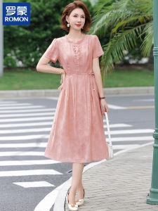 Váy Mùa Hè Mới 2025 Romon Mom Style Váy Dài Chữ a Cạp Cao Tay Ngắn Màu Trơn Váy Dài Cho Phụ Nữ Trung Niên Và Cao Tuổi