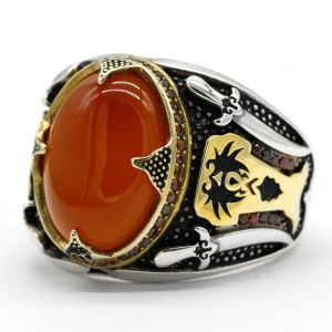 Genuine 925 Silver Mens Ring With Aqeeq Stone Islam Muslim Double Swords Vintage Rings Turkish Jewelry Skull Fine Jewelry Gift turkish ring silver aqeeq ring