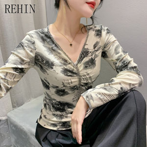 Rehin Áo Thun Dài Tay Khoét Lỗ Cổ Chữ V mùa thu và mùa đông thời trang mới áo nữ hợp thời trang giảm béo đính hạt móng tay nặng