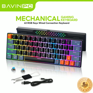BAVIN K998 63-Key Mechanical Gaming Keyboard Ergonomic w/ Backlit RGB LED Light / Wired Connection & Hot Swappable Keys