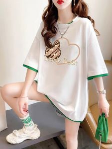 เสื้อยืดแขนสั้นผู้หญิงทรงหลวมสไตล์ยุโรป แขนต่อ ผ้าฝ้ายแท้ ความยาวปานกลาง เสื้อตัวบนสองชิ้นปลอม แฟชั่นฤดูร้อน