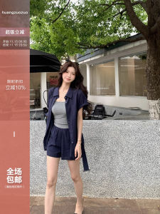 Casual Style Shirt plus Elastic Waist Shorts Two-Piece Set Summer Women Loose Lazy Style Set V-Neck Short Sleeve Top Bottom