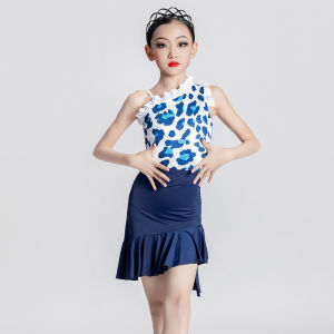 THEEPER Latin Dance Costume Girls 2-Piece Set Blue Leopard Print Ruffle Leotard Irregular Hem Skirt Latin Dance Dresses Kids