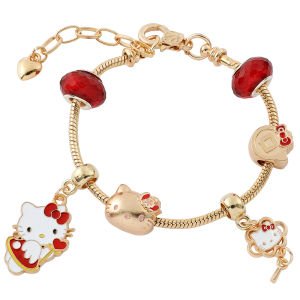 Sanrio | Gold Tone Hello Kitty DIY Charm Bracelet Zinc Alloy with Red Crystal Beads & Kitty Charms Adjustable Snake Chain for Girls