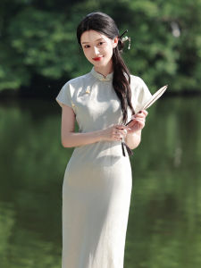 Elegant Simple Style Cheongsam Young Revised Version Shoulder Length Sleeve Daily Girls Retro High Quality Long Qipao Dress