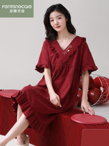 Fenteng Care Red Cotton Sleepwear Short Sleeve Midi Dress Sweet Home Clothes Pure Cotton Youth Summer Sleep Dress