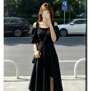 LIRUSHAN | French Audrey Style Black Short Sleeve Off-Shoulder Dress