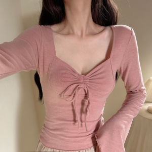 เสื้อเชิ้ตแขนยาวทรงเข้ารูปสไตล์เกาหลี ทรงเข้ารูป แขนกระดิ่ง สายรัด เสื้อชั้นในสีพื้น สำหรับผู้หญิง สวมใส่สบาย ระบายอากาศได้ดี