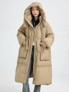 Winter Thickened Long Bread Style down Jacket Womens Loose Fit Duck Feather Coat Korean Style Commute Memory Fabric Polyester