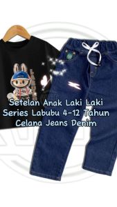 Setelan Jeans Baju Kaos Labubu Anak Laki-laki 4-12 Tahun