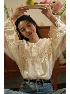 Loose Womens Shirt Lace Embroidery Small Flower Bell Sleeve French Style Polyester Nylon Blend Long Sleeve round Neck Spring