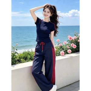 LIANGYILAILIN | Casual Sporty Outfit Stripe Short Sleeve Top Pants Set