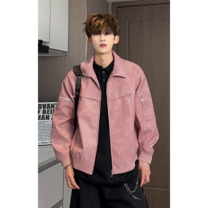 Mens Autumn Spring Baseball Jacket Dyed Leather Motorcycle Coat Waterproof Zipper Decorated Functional Style Fashion Outerwear
