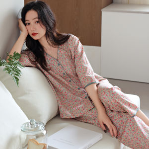 Miiow | Pure Cotton Summer Sleepwear Set Casual Lightweight Woven Cotton Home Clothes For Women Breathable Comfortable Round Neck Short Sleeve