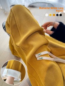 LANGPIN | Slimming High Waist Fleece Lined Wide Leg Banana Pants Womens Autumn Winter Loose Straight Cut Trousers Casual Sporty Style