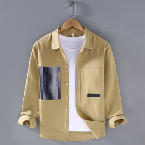 Japanese Style Casual Pure Cotton Mens Shirt Spring 2024 Patchwork Stripe Pattern Versatile Solid Color Workwear Top