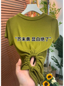 Small Shirt Drawstring Hollow out Strap Short Sleeve T-Shirt Womens Summer New Arrival Special-Interest Design Midriff Outfit Short Bottoming Shirt Tops