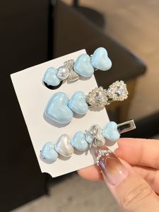 Korean Style Cute Pearl Heart Duckbill Hair Clip Light Blue Fresh out Fashion Hair Accessories Diamond Embedded Crystal Hair Clip