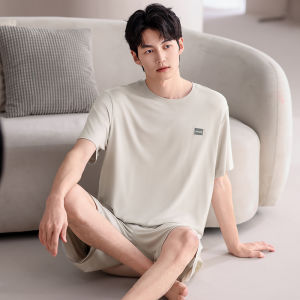 MiiOW | Mens Summer Ice Silk Short Sleeve Long Pants Sleepwear Thin Home Clothes Large Size Three-Piece Set Cool Feeling Leisure Suit