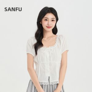 SANFU | Summer New Elegant Bow Tie Lace Collar Puff Sleeve Blouse