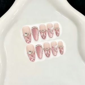 10PCS Handmade Press on Nails Pink butterfly Decor French Fake Nails for Women Girl Wearable Shiny Cat Eye False Nail Tips