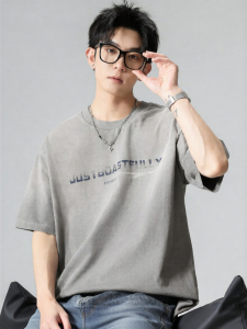 Wood soon | Stylish Fade Wash Mens T-Shirt Short Sleeve Loose Summer Letter Print