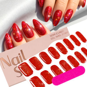 16Tips Christmas Red Glitter Gel Nail Stickers+1pc Nail File Semi-Cured UV/LED Nail Polish Wraps Full Cover Adhesive Nail Strips