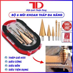 Bộ 6 mũi khoan tháp đa năng và dụng cụ hứng bụi khoan mũi khoan cưa đa năng thép gió HSS mạ Titan siêu bền Điện Lạnh Thuận Dung