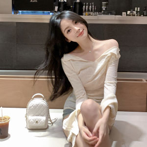 Slim Fit Long Sleeve V-Neck Shoulder Bared T-Shirt for Women Summer New Style Thin Pure Desirable Sun Protection Slimming Top