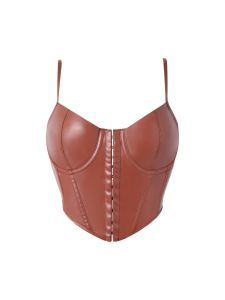 Womens Spaghetti Strap Sweetheart Corset Faux Leather Front Metal Hook Closure Cropped Pointed Hem