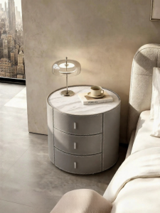 Luxurious Storage Round Bedside Cabinet 3 Drawers Full Wrapped Leather