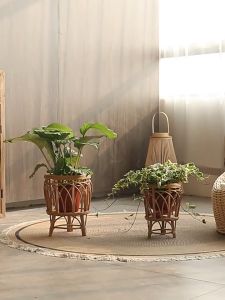 Set of 2 Bohemian Rattan Woven Plant Pots Round Decorative Flower Pots Indoor Plant Stand Plant Stand