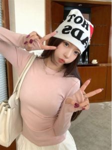 เสื้อยืดคอกลมแขนยาวสีชมพูสำหรับผู้หญิง เสื้อชั้นในฤดูใบไม้ร่วงและฤดูหนาว เสื้อยืดคอกลมทรงพอดีตัว