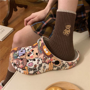 Korean Style Women's Summer Cartoon Themed Thick Bottomed EVA Slip-On Beach Sandals Fashionable Hole Shoe Flat Heel Daily Wear