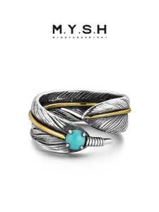 MYSH Pure Silver Turquoise Gem Feather Ring Mens Trendy High-End Feeling Cool Adjustable Open Ring Fashionable Jewelry
