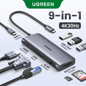 UGREEN 9 in 1 TYPE C HUB USB-C to 4K HDMI VGA USB 3.0 Card Reader Network Adapter HUB Thunderbolt 3 for iPad Air 2020/MacBook Pro 2020 iPad Pro 2020 SAMSUNG S20+ Surface Pro 7 MacBook Air 2020 iPad Pro 2018Huawei P20 P30Ipad Pro 2021