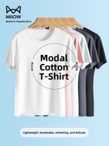 MiiOW | Cat Person Womens Summer Thin Modal Cotton Round Neck Short Sleeve T-Shirt Cool Feeling Soft Basic Base Layer Solid Color Commute Style